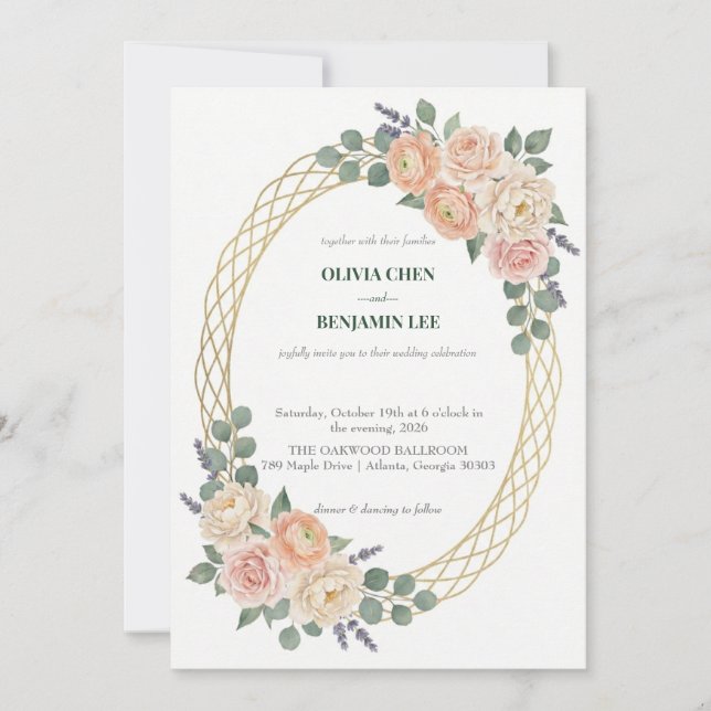 Elegant körsbärsblommig & guldgaller oval bröllops inbjudningar (Framsida)