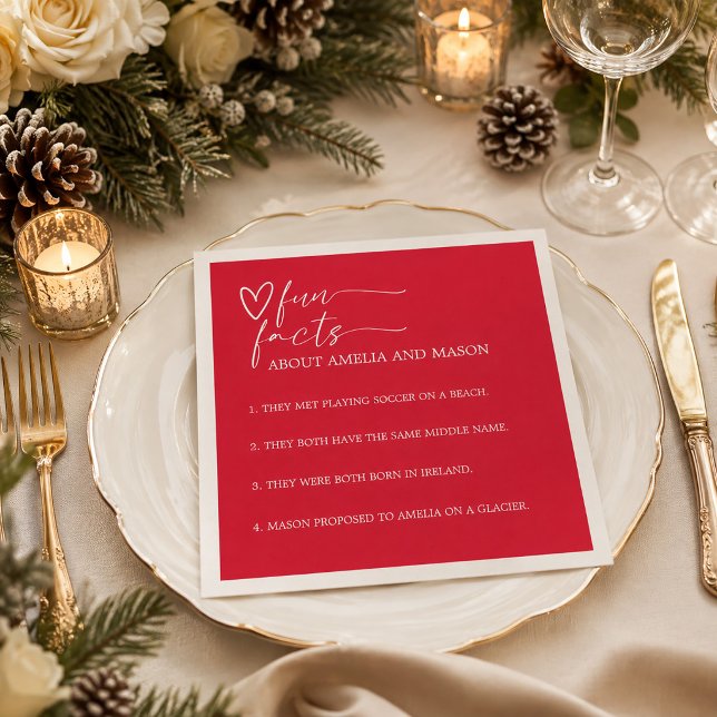 Elegant Körsbärsröd Roligheter Bröllop Pappersservett (Elegant Cherry Red Fun Facts Wedding Napkins)