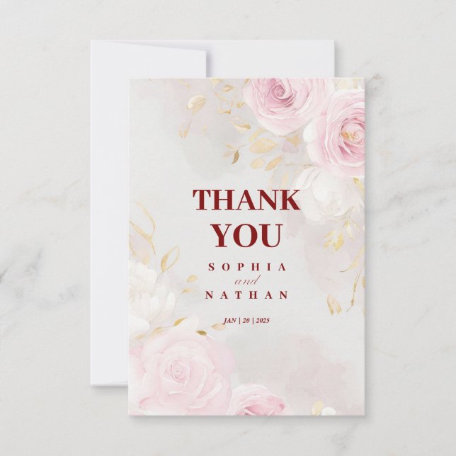 Elegant-kortet Rosa ros & Guld Tack Bröllop Kort (Framsida)