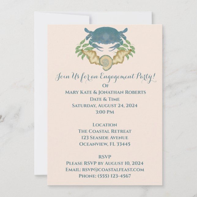 Elegant krabb fest-engagemang-Aquarell blå krabba Inbjudningar (Framsida)