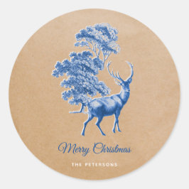 Elegant Kraft Papper Blue Hjort i Forest Runt Klistermärke