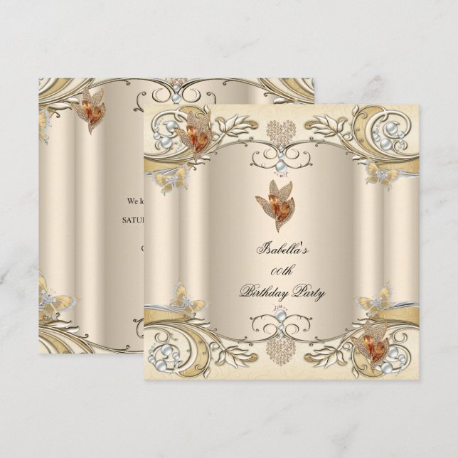 Elegant kräm beige guld fjäril födelsedagsfest inbjudningar (Fram/baksida)