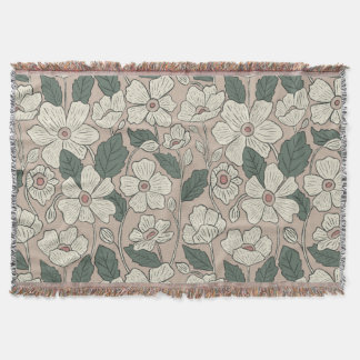 Elegant kräm beige och grön illustrerad blommig filt