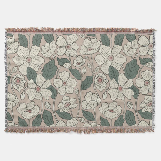 Elegant kräm beige och grön illustrerad blommig  filt (Framsidan)