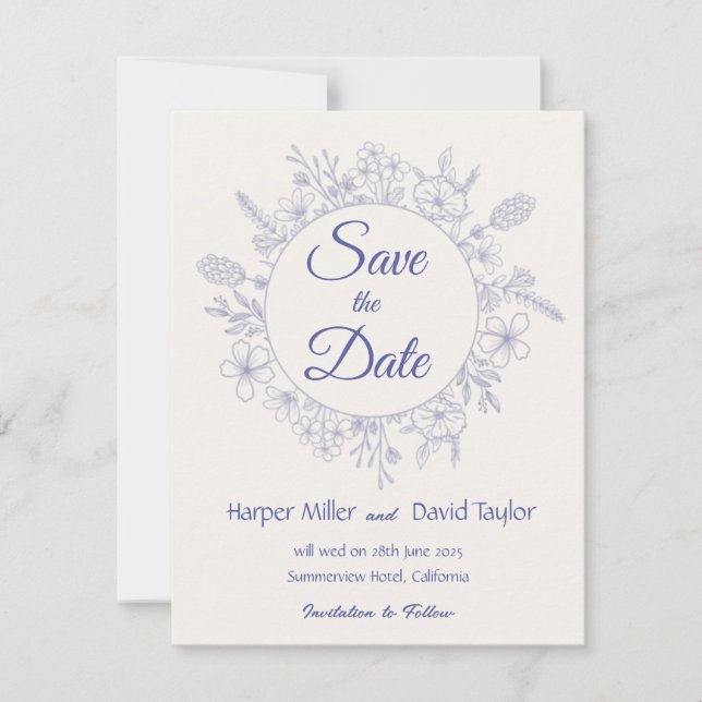 Elegant kräm och blå blomstergrafik Spara datum Datumet (Framsida)