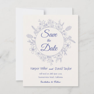Elegant kräm och blå blomstergrafik Spara datum Datumet