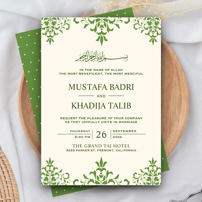 Elegant kräm och grön damast islamisk bröllop inbjudningar (Skapare uppladdad)