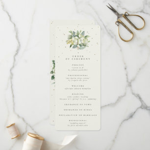Elegant kräm snöbär + eukalyptus bröllopsbukett program