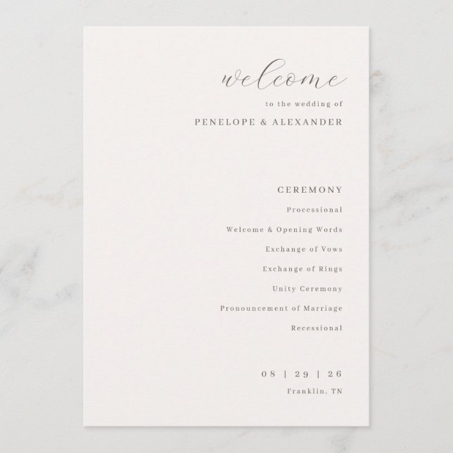 Elegant krämbröllopsceremoni program (Framsida)