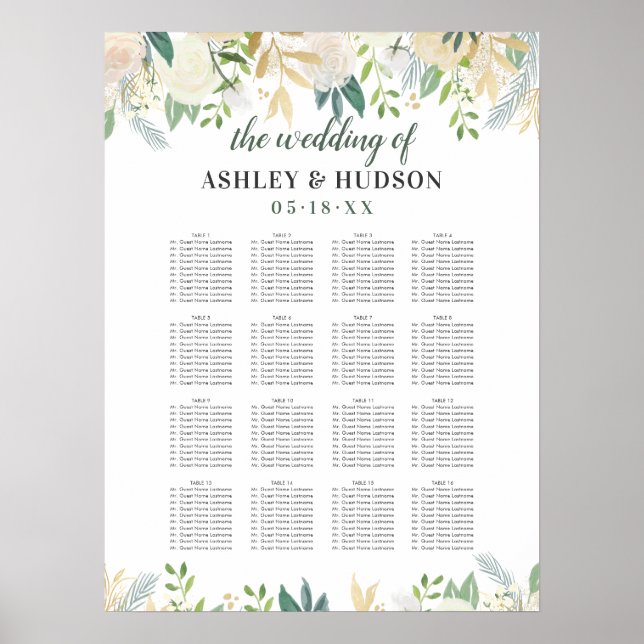 Elegant krämfärgad blomstergrönska bröllopsplatska poster (Framsidan)