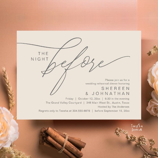 Elegant krämgrå script bröllopsrepetition middag inbjudningar (Elegant Script Wedding Rehearsal Dinner Invitation Card in Cream and Grey)