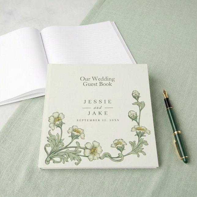 Elegant krämgrön blomsterlig gästbok för bröllop (Elegant cream green floral wedding guest book)