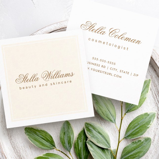 Elegant krämvit skönhet hudvård minimalism fyrkantigt visitkort (Chic cream ivory white beauty skincare minimalist square business card)