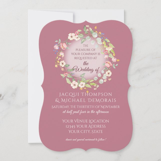 Elegant Krans Dammtrosa Rosor Blommig Bröllop Inbjudningar (Framsida)