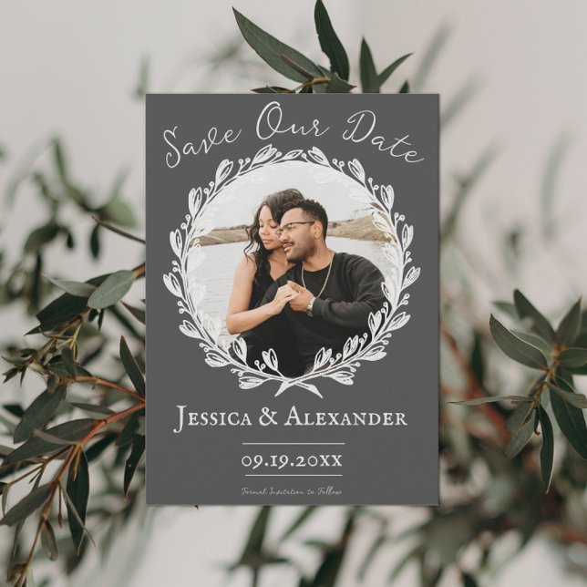 Elegant krans fotoram | Grå Save The Date Spara Datumet (Skapare uppladdad)