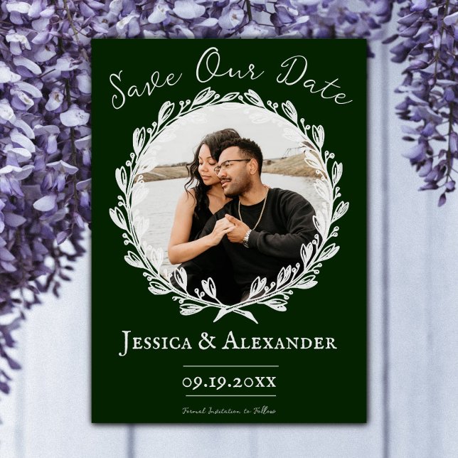 Elegant Krans Fotoram | Smaragdgrön Spara Datumet (Emerald Green Elegant Wreath Frame Photo Save the Date)