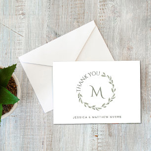 Elegant krans grön med monogram och namn tack kort