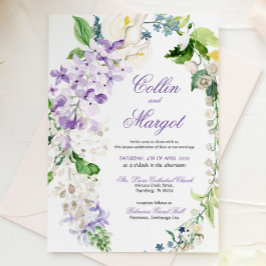 Elegant krans lila blommor bröllopsinbjudan meddelande