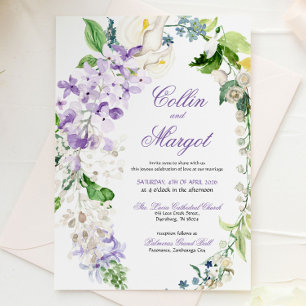 Elegant krans lila blommor bröllopsinbjudan meddelande