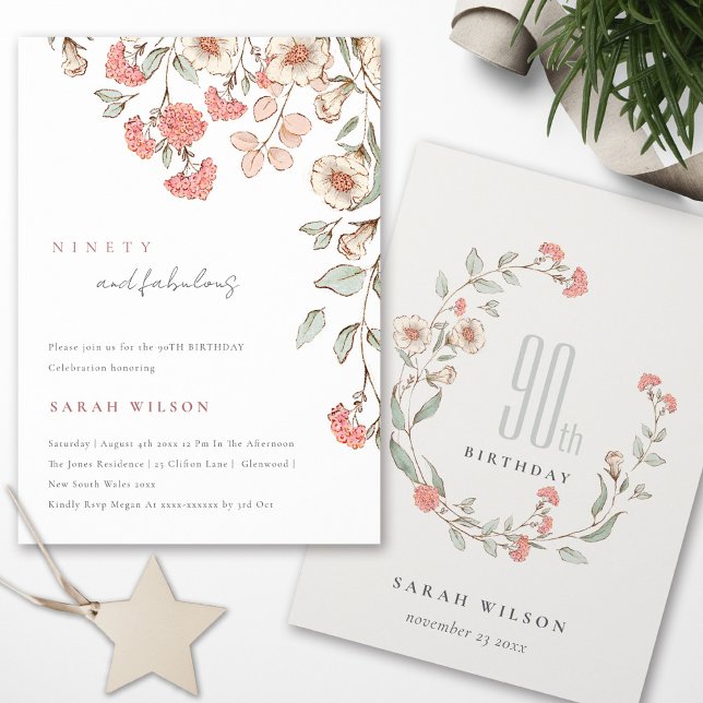 Elegant krans med rosa blommor 90-års födelsedagsi tack kort (Skapare uppladdad)