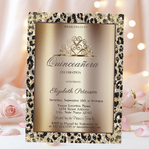 Elegant Kron Leopardtryck Söt Quinceañera Inbjudningar