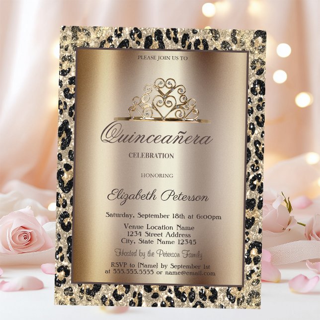 Elegant Kron Leopardtryck Söt Quinceañera Inbjudningar (Skapare uppladdad)