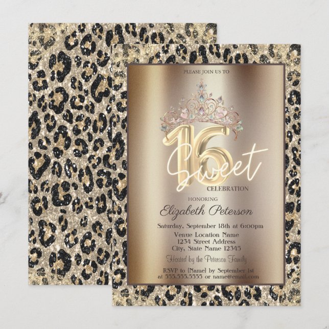 Elegant Kron Leopardtryck Sweet 16   Inbjudningar (Fram/baksida)