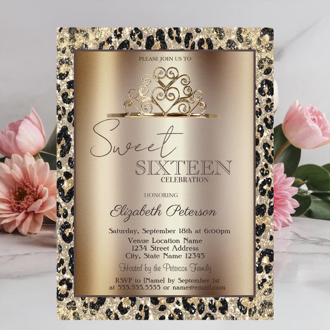 Elegant Kron Leopardtryck Sweet 16   Inbjudningar (Skapare uppladdad)