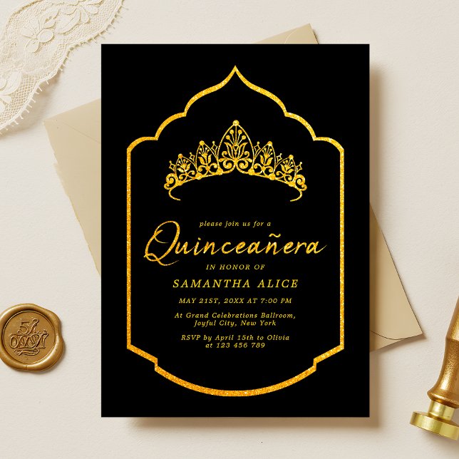 Elegant Krona Black och Guld Quinceanera Inbjudningar (Skapare uppladdad)