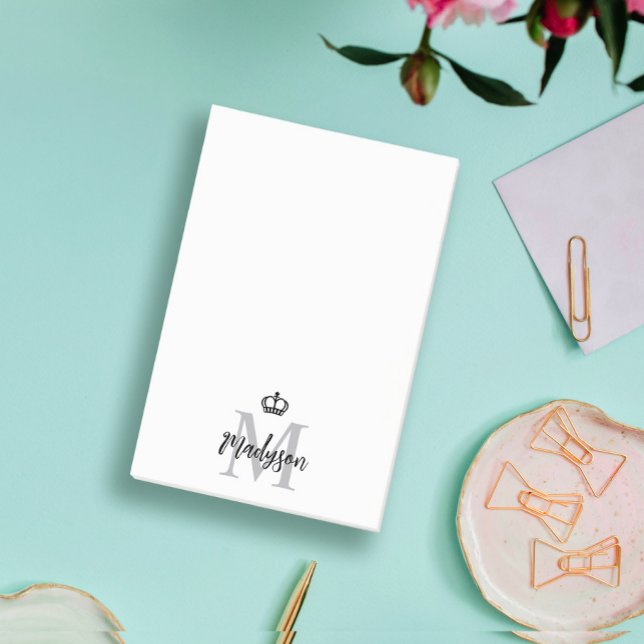 Elegant Krona Grått Monogram och Namn Post-it Block (Skapare uppladdad)
