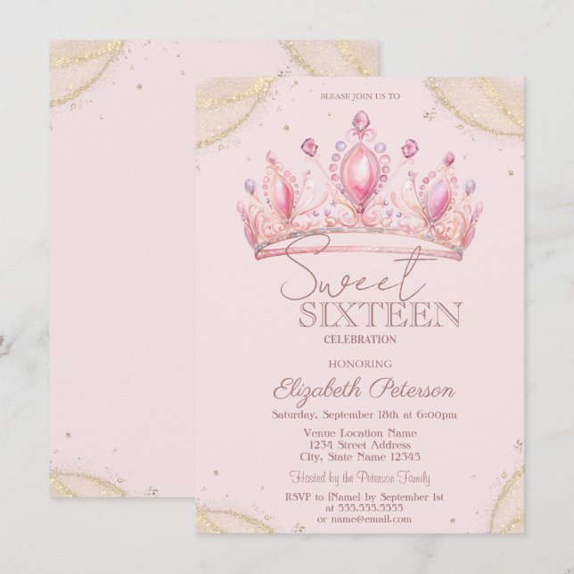 Elegant krona guld glitter hörn Sweet 16   Inbjudningar (Fram/baksida)