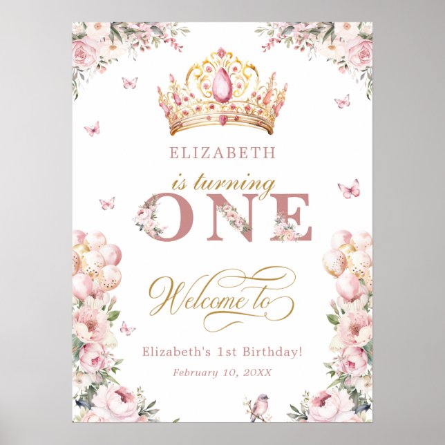 Elegant Krona Princess Girl 1:a födelsedag Välkomm Poster (Framsidan)