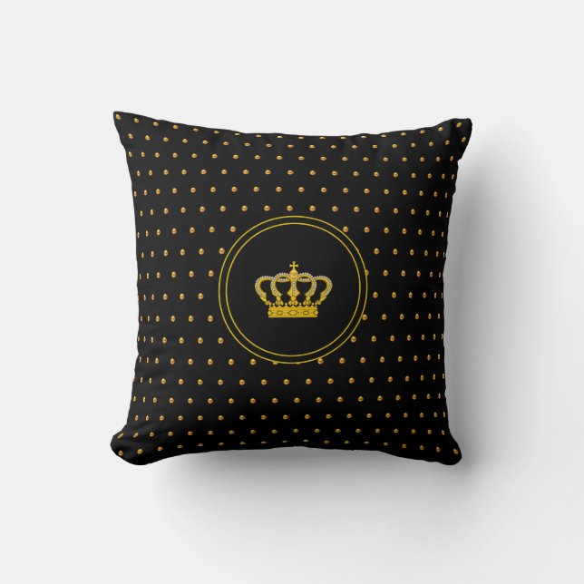 Elegant krona & små gyllene prickar på svart kudde (Framsida)