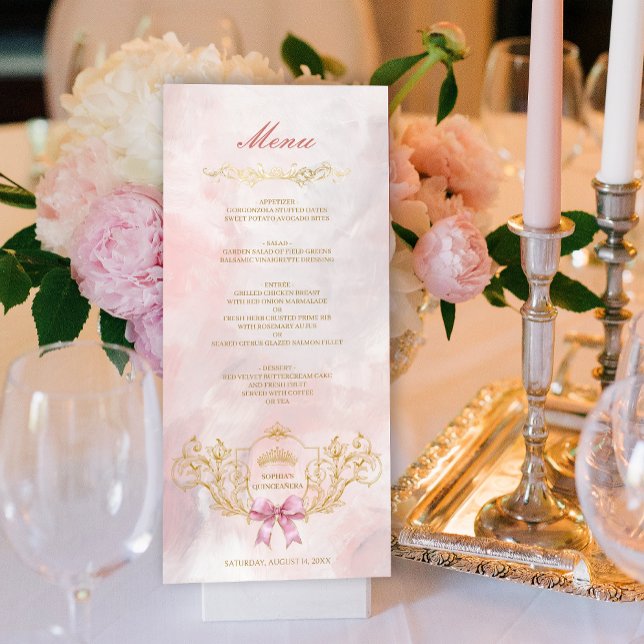 Elegant Kronblom Pink Rosett Quinceanera Anpassad  Inbjudningar (Classy Crown Pink Bow Quinceanera Custom Menu Card)