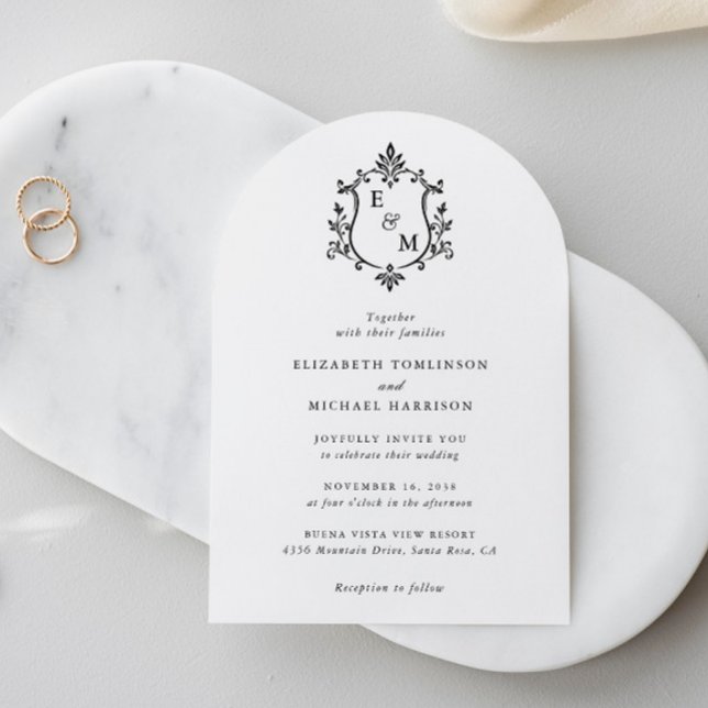 Elegant Kröningsmonogram Bågbröllop Inbjudningar (Elegant Crest Monogram Arch Wedding Invitation)