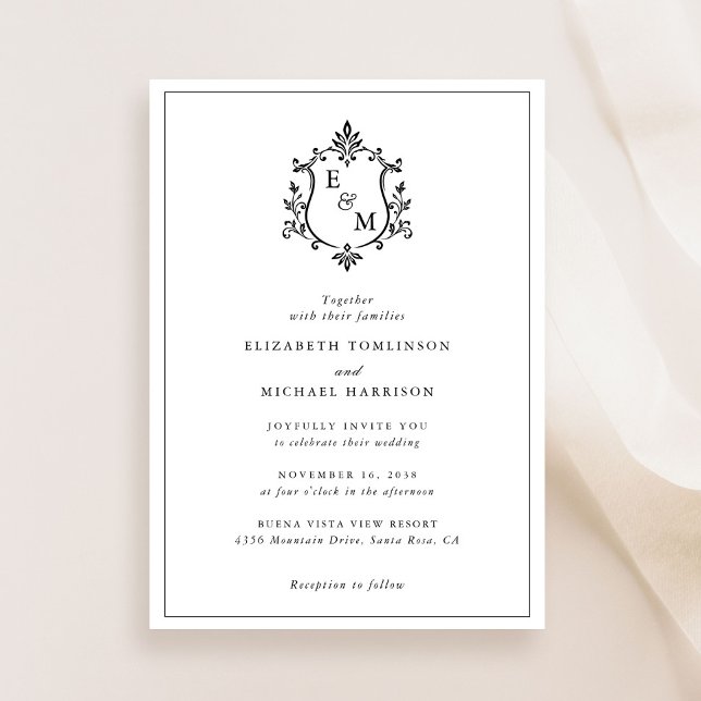 Elegant Kröningsmonogram Bröllop Inbjudningar (Elegant Crest Monogram Wedding Invitation)