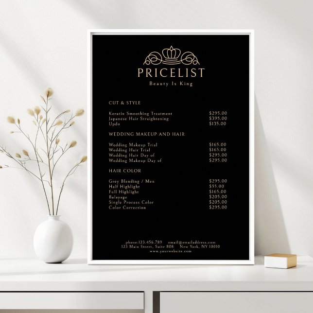 Elegant Kronlogotyp Svart Beige Prislista Poster (Elegant Crown Logo Black Beige Salon Price List Poster)
