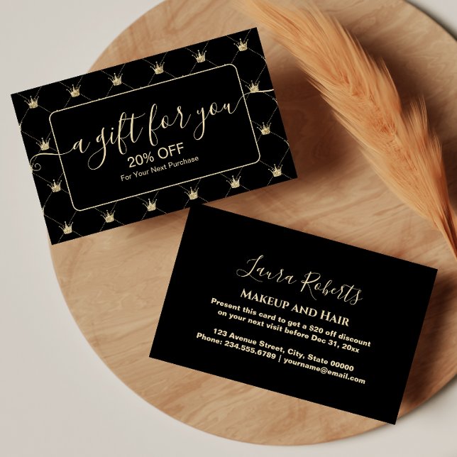Elegant Kronmotiv Svart Guld Rabattkort (Skapare uppladdad)