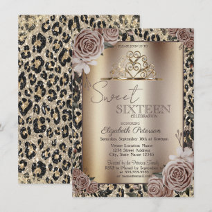 Elegant Kronrosor Leopardtryck Sweet 16 Inbjudningar