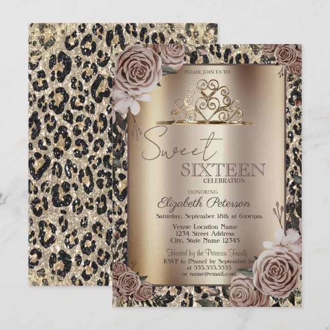 Elegant Kronrosor Leopardtryck Sweet 16   Inbjudningar (Fram/baksida)