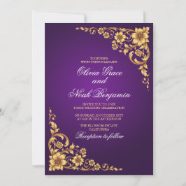 Elegant kunglig lila och guld blomsterbröllop inbjudningar