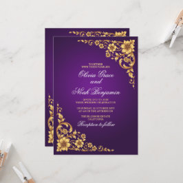 Elegant kunglig lila och guld blomsterbröllop inbjudningar