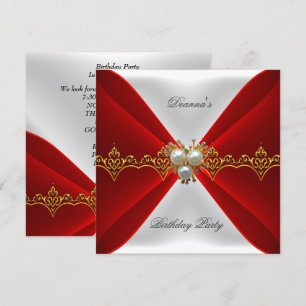 Elegant kunglig röd födelsedag guld juvel vit silk inbjudningar