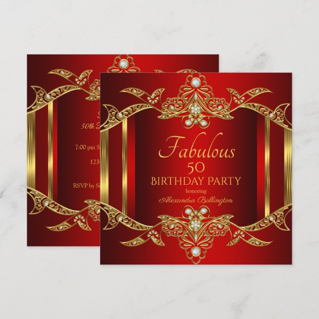 Elegant kunglig röd guld födelsedagsfest inbjudan (Fram/baksida)