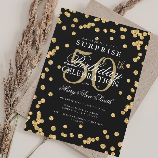 Elegant KURPRISE 50:e födelsedag Guld Black Inbjudningar (Elegant SURPRISE 50th Birthday Gold Black Invitation)