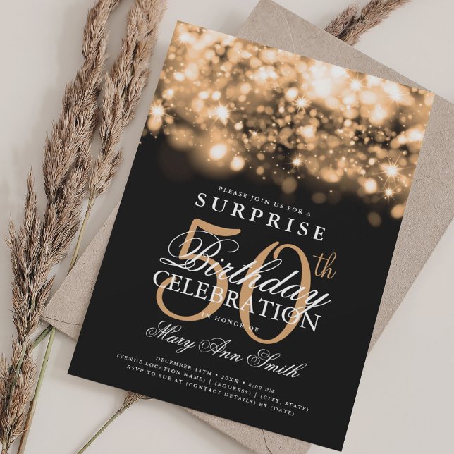 Elegant KURPRISE 50:e födelsedagen Luxurious Guld Inbjudningar (Elegant SURPRISE 50th Birthday Luxurious Gold Invitation)