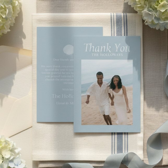 Elegant kustblå bröllopsflat tackkort tack kort (Elegant Coastal Blue Wedding Flat Thank You Card)