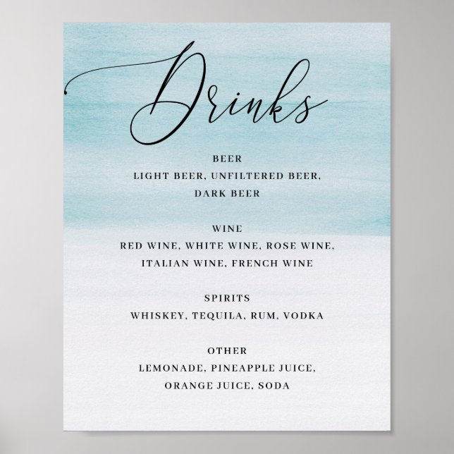 Elegant kustbröllop | Blått akvarelldrycker Poster (Framsidan)
