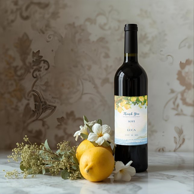 Elegant kustcitron bröllop tack gåva vinflaska etikett (Elegant Coastal Lemon Wedding Thank You Favor Wine Label)