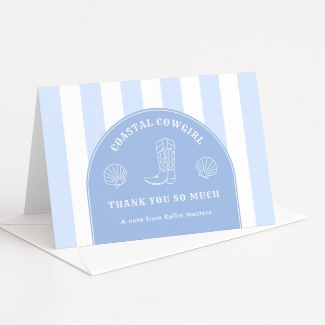Elegant kustcowgirl-smöjpartifoto tack kort (Modern arch blue and white Coastal Cowgirl bachelorette party thank you cards)